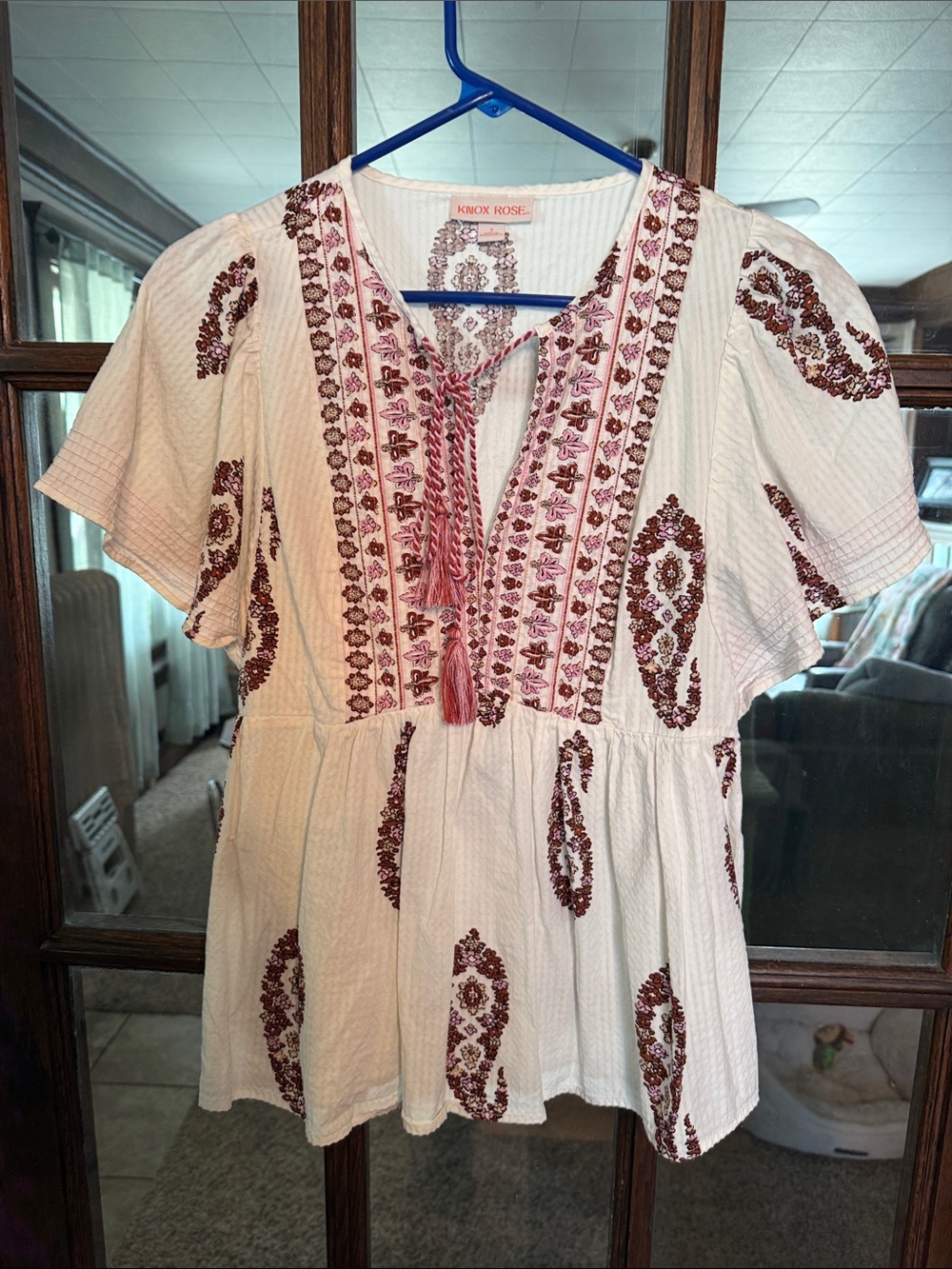 Knox Rose White Embroidered Paisley Babydoll Top Tassel V-Neck Flutter Sleeve S